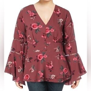 City Chic Floral Crepe Wide Sleeve Blouse